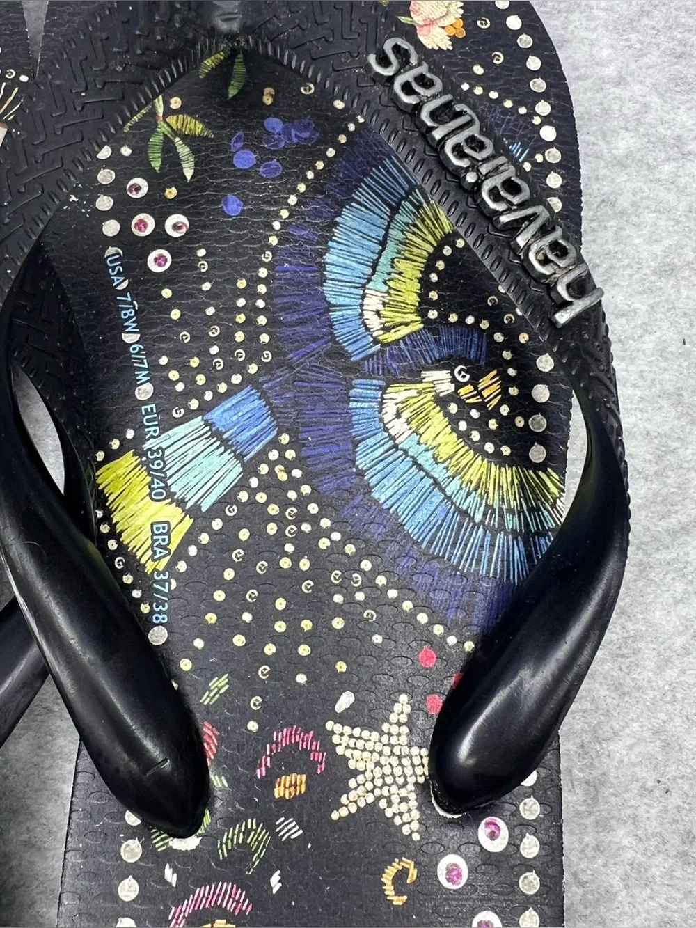 Farm Rio Black Multi Sandal in Black Havaianas Thong Flip Flops Women’s Size 7/8 - Picture 7 of 16